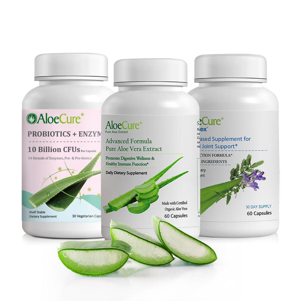AloeCure Organic Aloe Vera kapslite pakend - 3 tükki - VeraFlex, Aloe Vera kapslid, probiootikumid + ensüümid