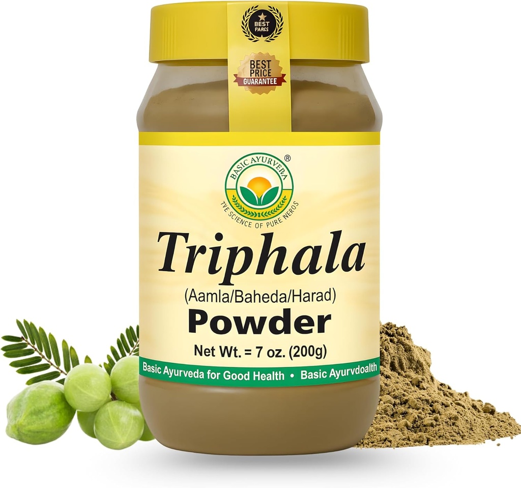 BASIC AYURVEDA Triphala Powder 7,05 Oz (200 g) | 100% looduslik Ayurveda segu Amla, Haritaki & Bibhitaki | Toetab seedetrakti tervist, Detox & Wellness | Ei lisaaineid | Vegan & Gluteenivaba