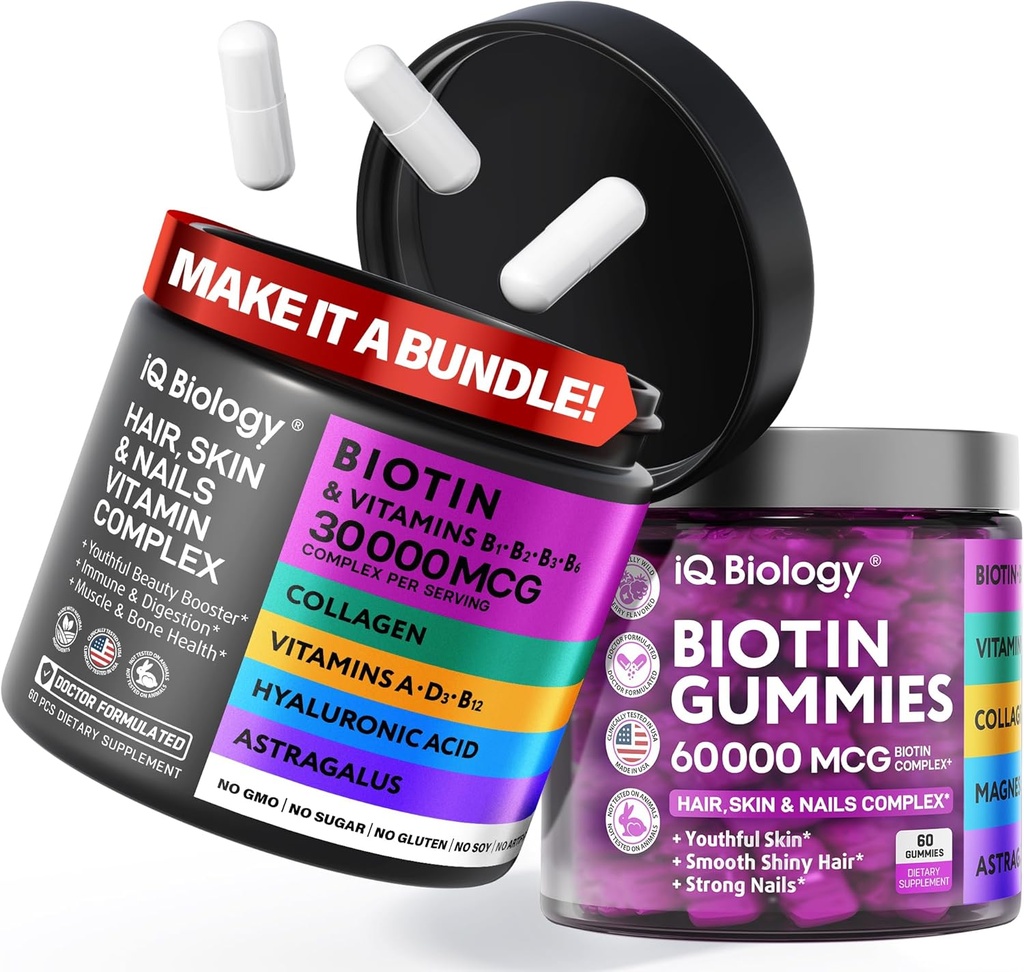 Biotiin Juuste Kasvu Bundle - Biotiin Vitamiinid & Keratin Kapslid + Kollageeni & Astragalus juuksekummid - Juukseküünte vitamiinid naistele ja meestele | 60 kapslit + 60 kummikut