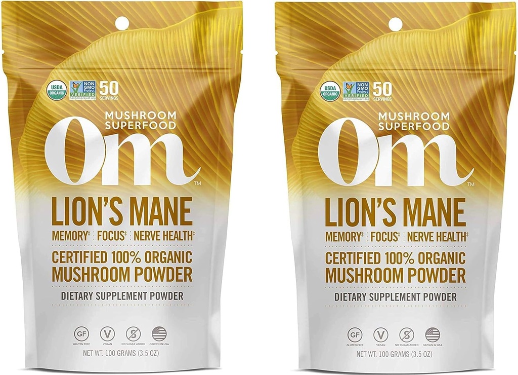 Om Organic Seene Superfood Powder, Lions Mane, 3,5 Ounce (50 Servings) (Тwo Рack)