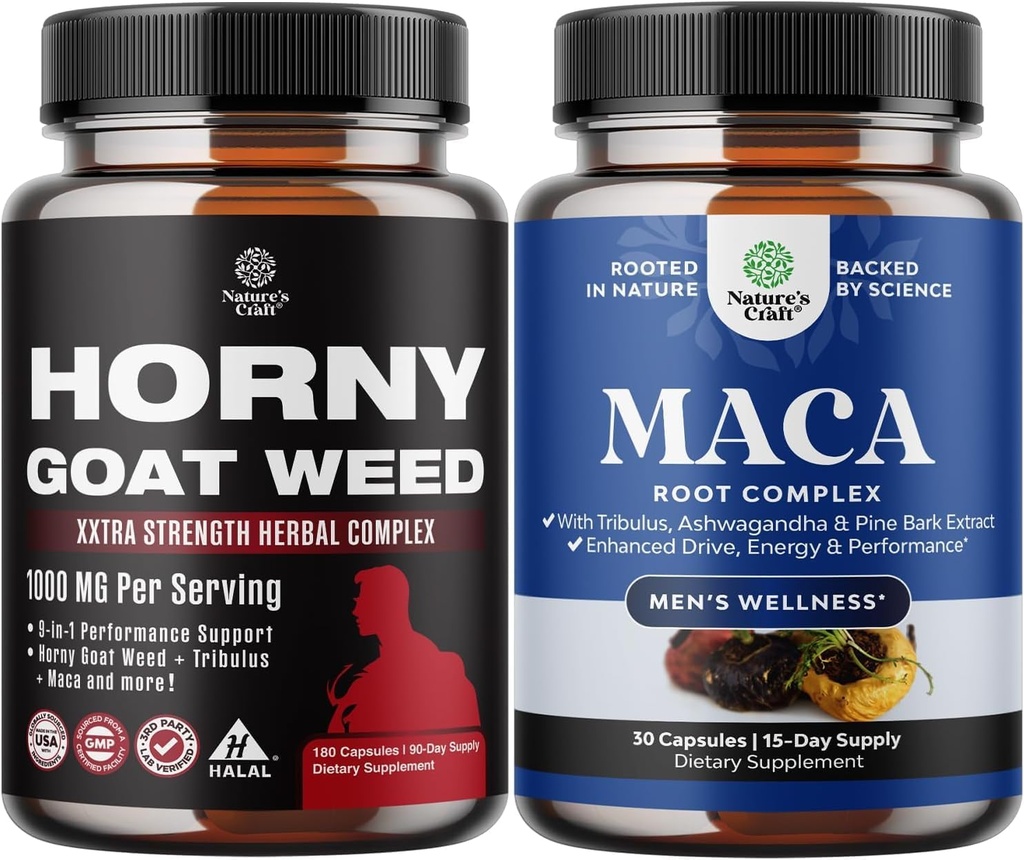 Bundle of Horny Goat Weed with Black Maca Root, Tongkat Ali, Saw Palmetto & Panax Ginseng Extract for Stamina & Energy ja Black Maca Root koos Siberi Ginseng Ashwagandha - meeste heaolu täiendus