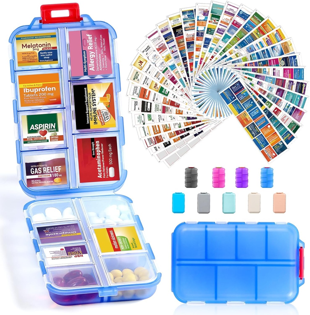 14 Grids Travel Pill Korraldaja Karp 415-Pcs Ravimi nimesildid - Tasku Daily Pharmacy Case Container Kit - Reisiravimite hoidja Fish Oil Vitamin Supplement Storage - Selge sinine