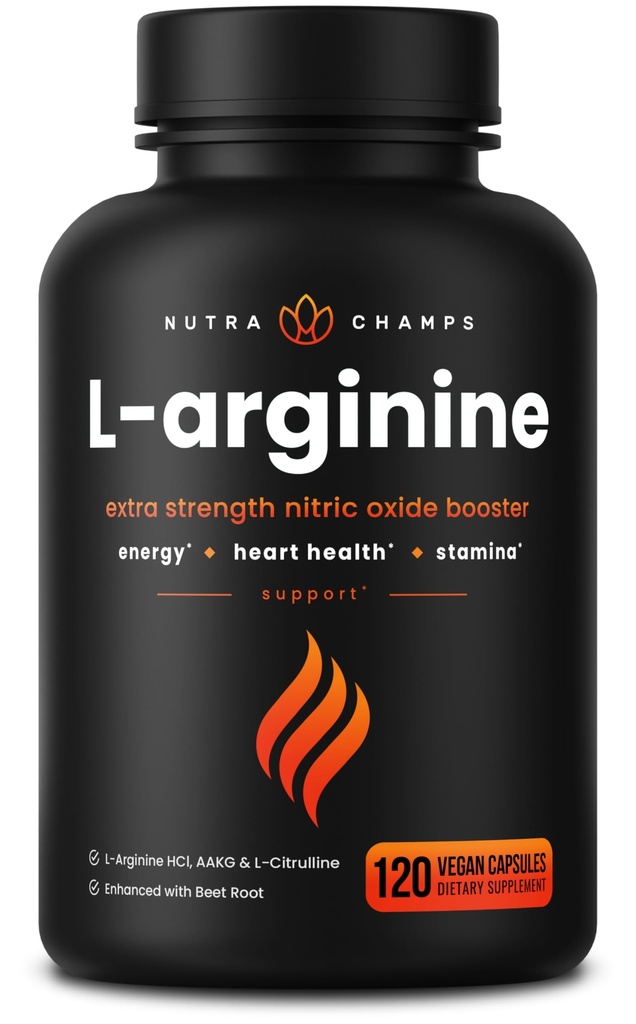 NutraChamps L-arginiin Täiendus 1000mg + L-tsitrulliin 250mg ja suhkrupeedi juur – lämmastikoksiidi võimendaja südame tervise, energia ja vastupidavuse – ekstra tugevus Aminohappe kompleks – 120 Vegan Kapslid