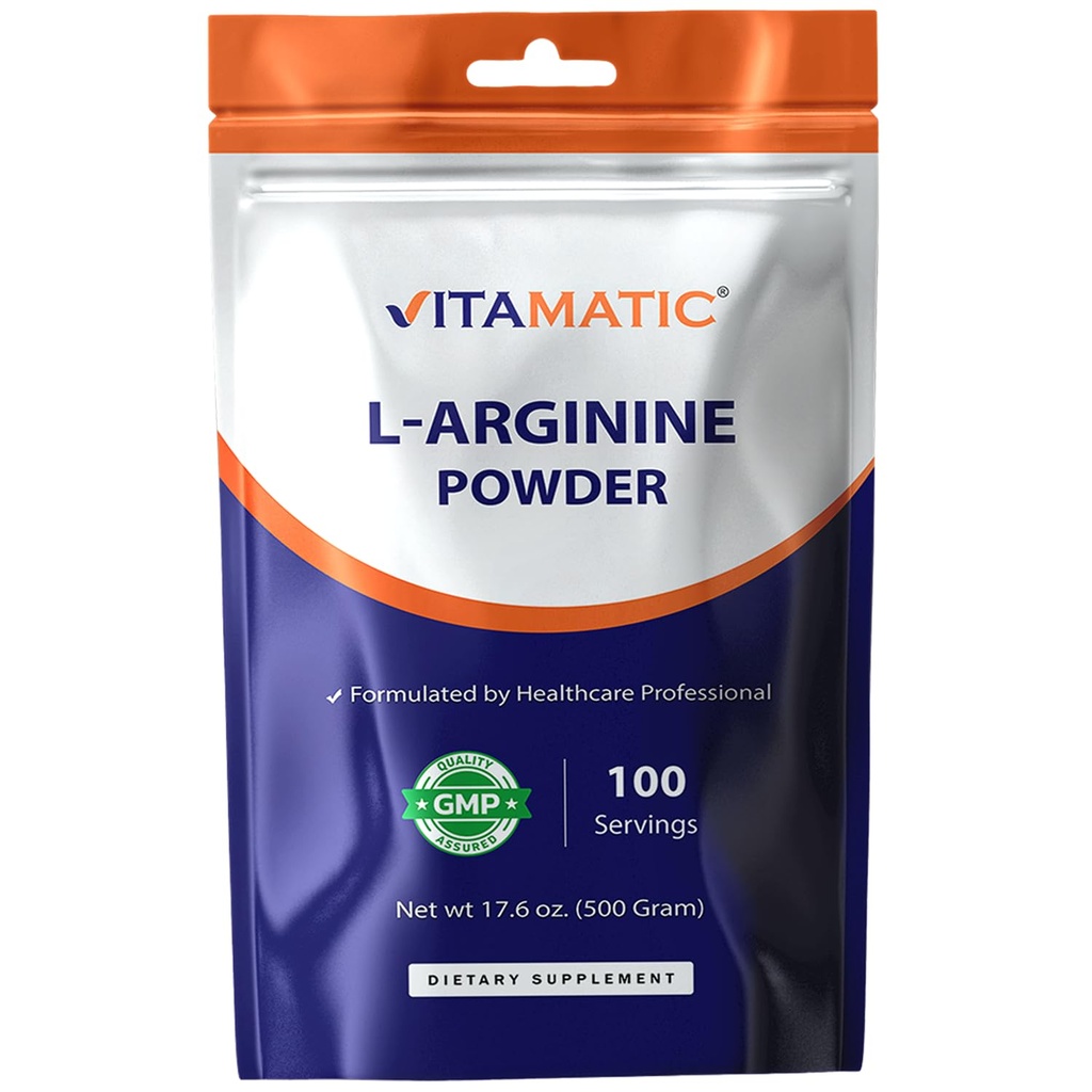 Vitamatic L-Arginine Pure Powder 500 Gram | Maitsestamata | Non GMO | Gluteenivaba | No Additives | 5000mg Per Serving | 100 Servings