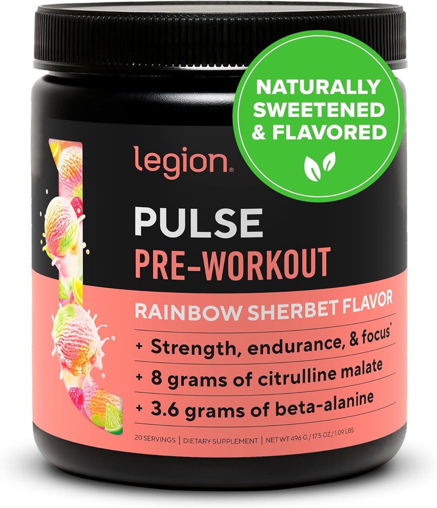LEGION Pulse Pre Workout - Kõik looduslikud lämmastikoksiidi ettevalmistusjoogid energia suurendamiseks, kreatiinivaba, looduslikult magustatud, beeta-alaniin, tsitrulliin, Alpha GPC (Vikerkaare šerbet)
