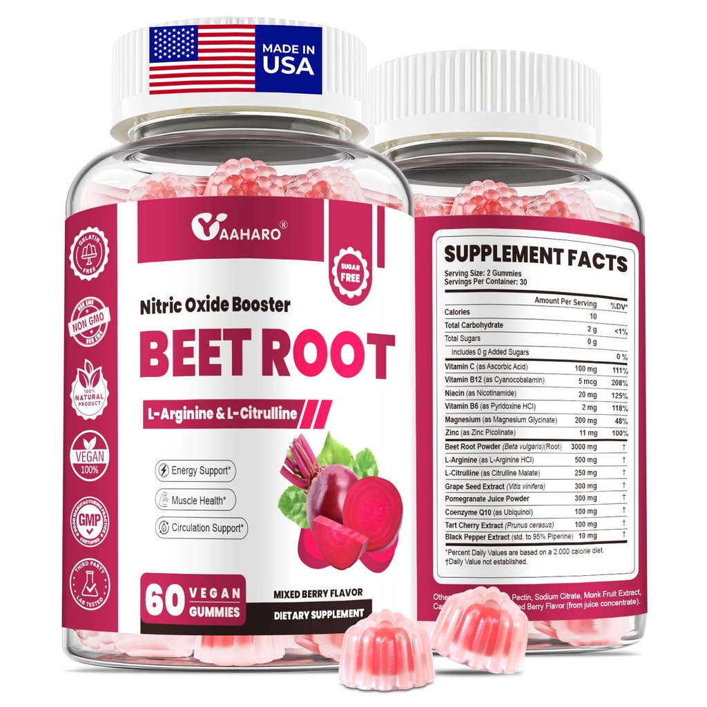 Beet Juurkummies - Lämmastikoksiidi Booster täiendused meestele ja naistele, kellel on peedi, L-tsitrulliin ja L-arginiin - süda, lihased ja tsirkulatsioonitoetus - suhkruvaba, vegan, segatud marjamaitse, 60 Gummies