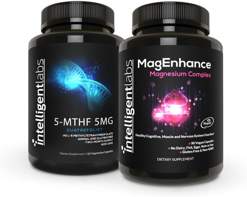 Intelligent Labs 2-in-1 Bundle of MagEnhance Supplement (koos magneesium L-Threonate, Glycinate & Taurate) ja 5MG 5-MTHF Methylfolate nagu Quatrefolic Acid® (MTHFR täiendus Methylation Support)