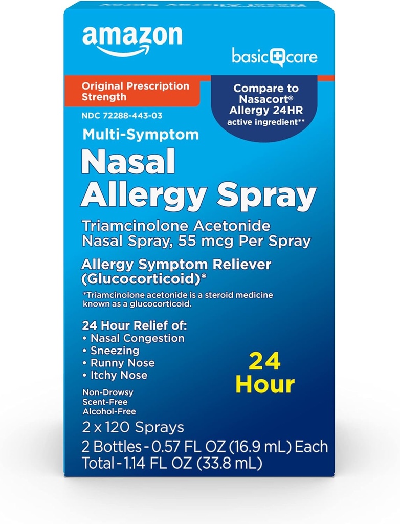 Amazon Basic Care Multi-Sümptom Triamcinolone Atsetoniid Nasal Allergia Spray, 55 mcg, 0,57 fl oz (Pack of 2)