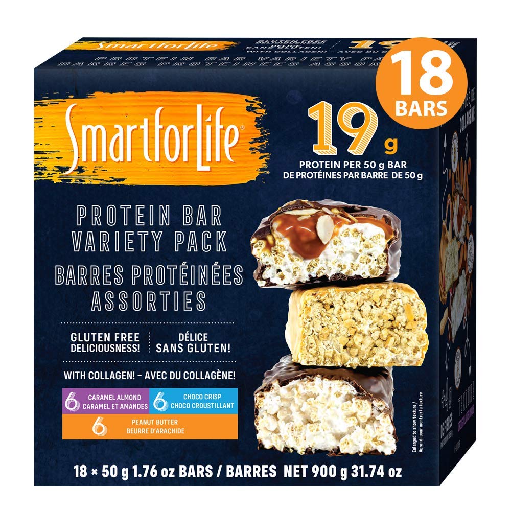 Nutikas eluks - kõrge valk, madala suhkrubaari sordipakett, gluteenivaba karamelli mandl, šokolaad ja maapähklivõi šokolaadijahu asendusbaarid töötavad Cookie Dieet Non-GMO 18ct