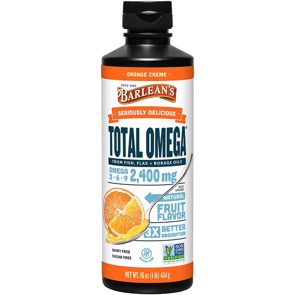 Barlean's Total Omega 3 6 9 Vedel kalaõli lisandiga Borage ja linaseemneõli, Orange Crème, 2400 mg EPA, DHA ja GLA rasvhappeid, 16 oz
