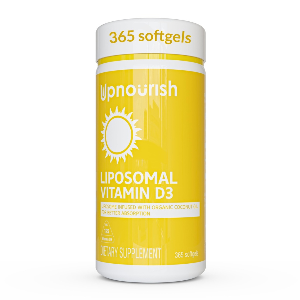 UpNourish Liposomal Vitamiin D3 5000 IU Softgels - 1 aasta pakkumine | Orgaaniline kookosõli infundeeritud D-vitamiini toidulisandid - luude, hammaste, südame, meeleolu ja immuunsuse toetamine - GMO gluteenivaba - 365 ct