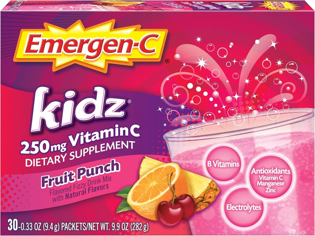 Emergen-C Kidz 250mg Kids C-vitamiini pulber, kofeiinivaba, immuunsuse tugijoogi segu, puuviljade punch maitse - 30 krahv / 1 kuu pakkumine