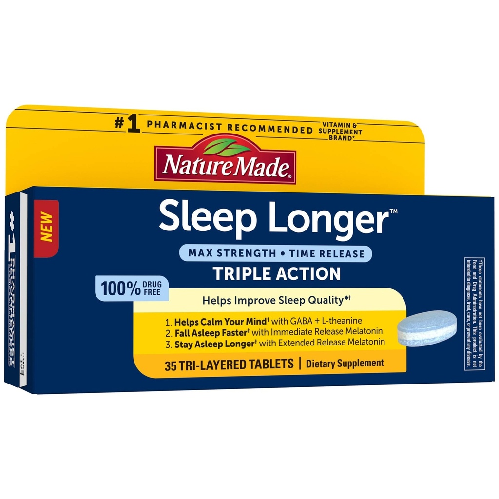 Nature Made Sleep Longer, Melatoniin 10 mg aeg vabastab kolmekihilised tabletid, aitab parandada une kvaliteeti, langeb kiiremini magama, jääb kauem magama, L-Theanine ja GABA, et aidata meelt rahustada, 35 tabletti