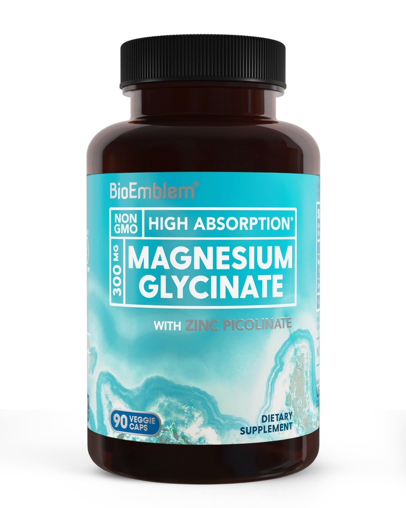 BioEmblem Magneesiumglütsinaat tsingiga - 300 mg kelaaditud magneesiumilisandit - suure imendumisega vegan mitte-GMO 2-in-1 kompleks - immuunsüsteemi tugi, lihased, närvid - 90 kapslit