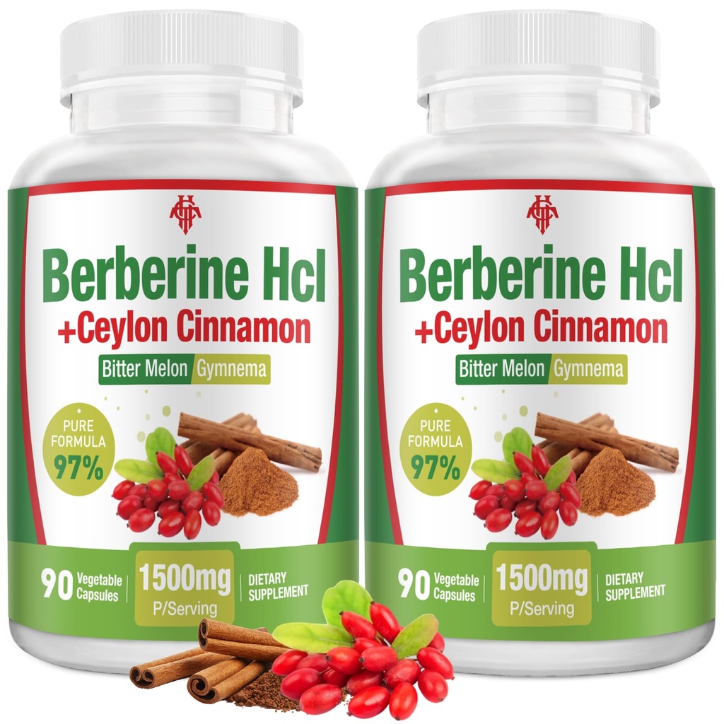 Berberine Supplement 1500mg - Premium Berberine HCl 97% puhtus Berberine Plus puhas tseiloni kaneel, kõrge potentsi Berberiin meestele naistele, Non-GMO Vegan 2Pack