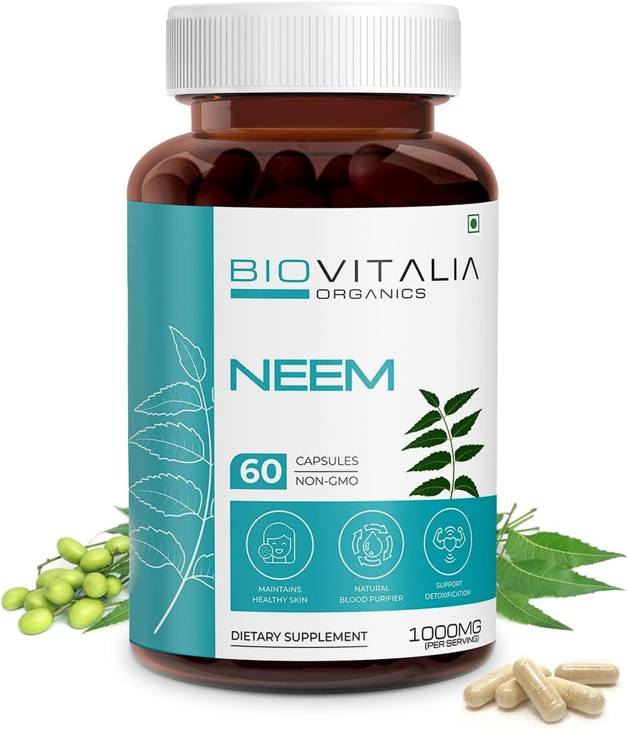 Biovitalia Taimepõhine Neem 1000mg Kapsel meestele ja naistele | Toidulisand | Tervisliku Ja Edendada Detoksifikatsiooni - 60 Vegan Kapslit