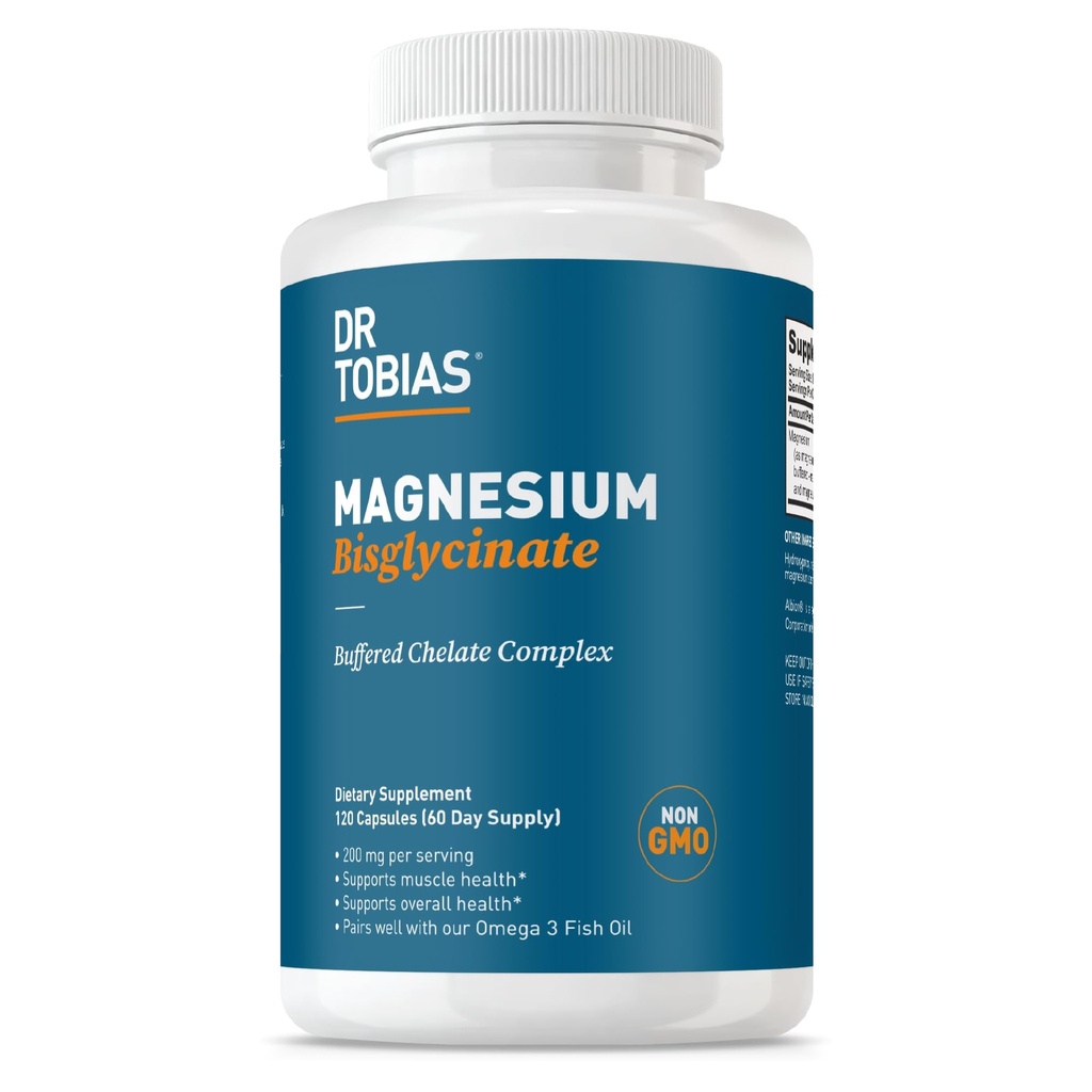 Dr Tobias Magneesium Bisglütsinaat, kõrge imendumine Magneesium Puhverdatud Kelaadi kompleks, 200 mg kapsli kohta, toetab energiat, lihaseid, luu ja liigeste tervist, mitte-GMO magneesiumilisandit, 120 kapslit