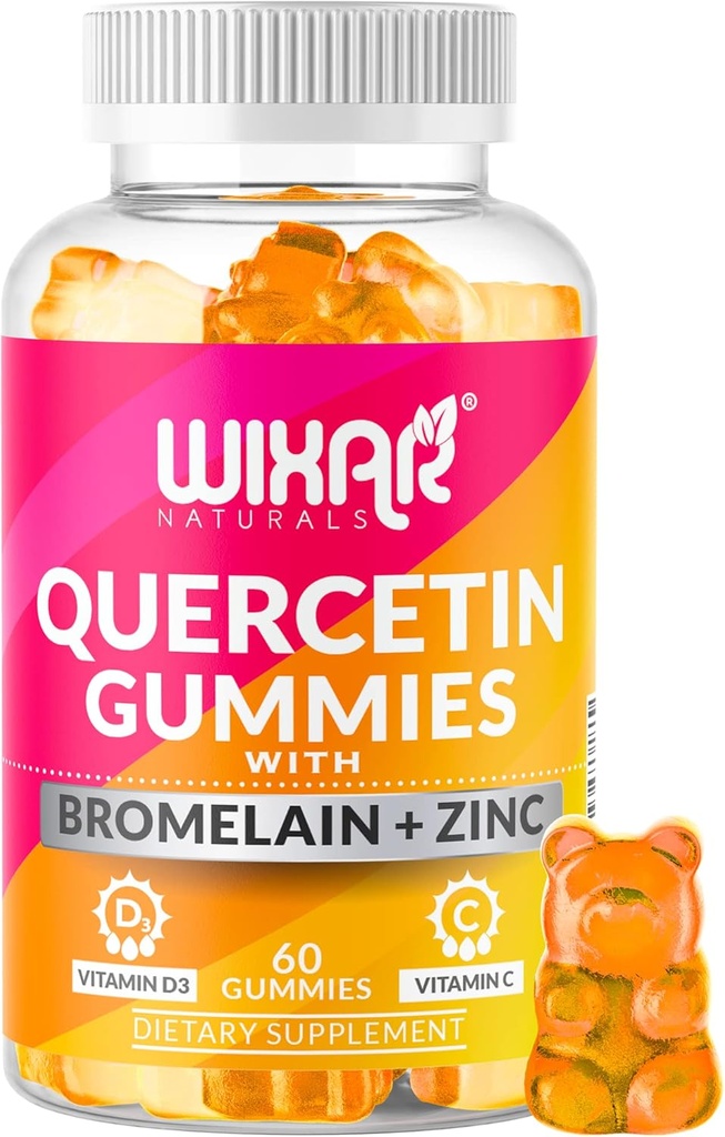 Quercetin Gummies - Quercetin 500mg koos Bromelain, tsink, vitamiin C & D3 - Quercetin Gummy toidulisandeid immuunsüsteemi toetuseks ja allergia - Immunity Booster Vitamiinid täiendus - 60 närimistable
