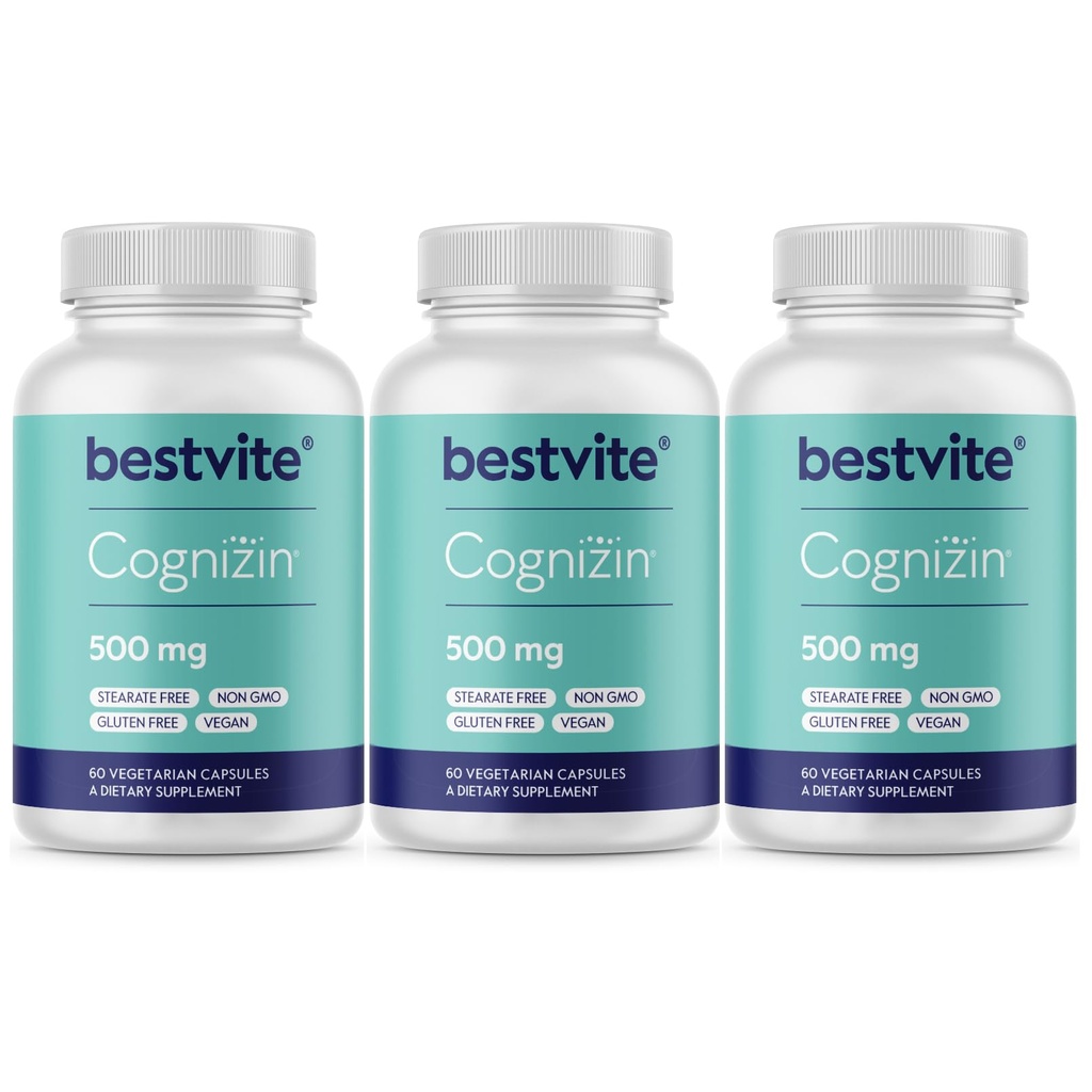 BESTVITE Cognizin Citicoline 500mg (180 taimetoitlased kapslid) (60x3) - kliiniliselt uuritud Premium Koliin Nootroopne - Ei Stearates - Vegan - Gluteenivaba - Aju toidulisandid mälu ja fookus