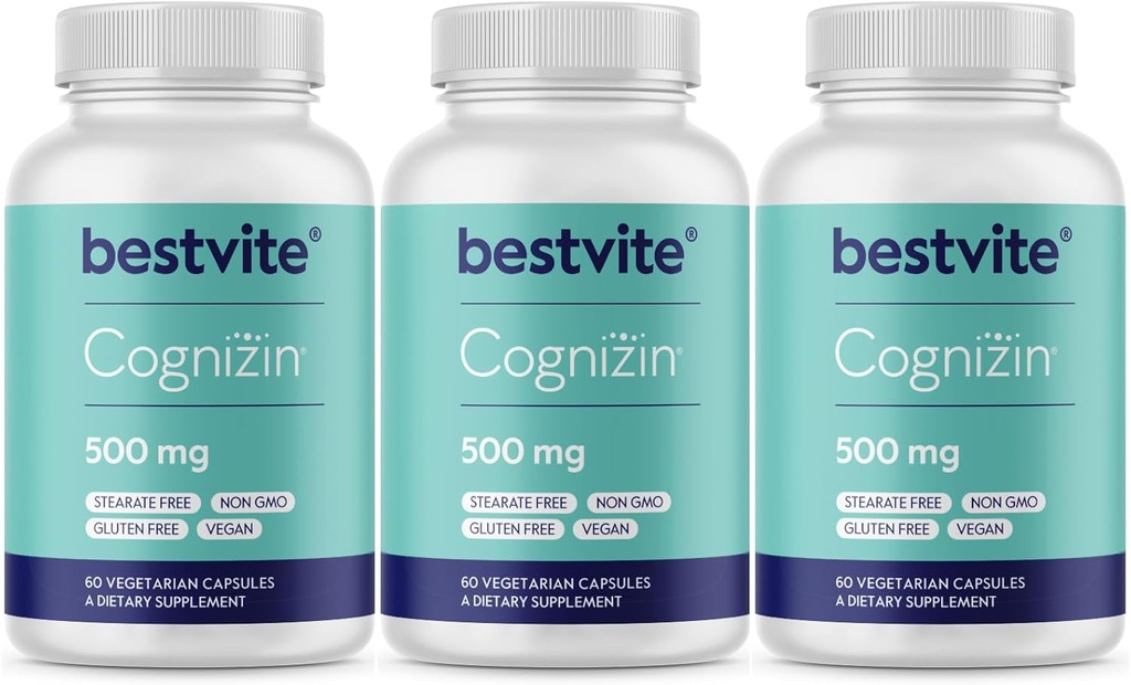 BESTVITE Cognizin Citicoline 500mg (180 taimetoitlased kapslid) (60x3) - kliiniliselt uuritud Premium Koliin Nootroopne - Ei Stearates - Vegan - Gluteenivaba - Aju toidulisandid mälu ja fookus