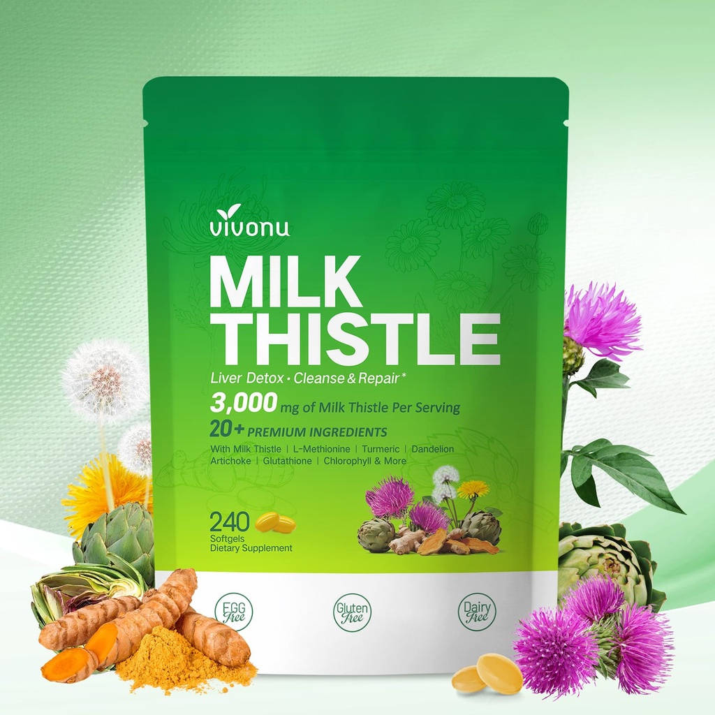 Milk Thistle Liver Detox Capsules, 3000mg Liver Cleanse Detox & Repair, 20-in-1 Advanced Support Complex with Milk Thistle, NAD, NAC, ALA, Dandelion,Glutathione, Artichoke, Turmeric, More 240 Softgels
