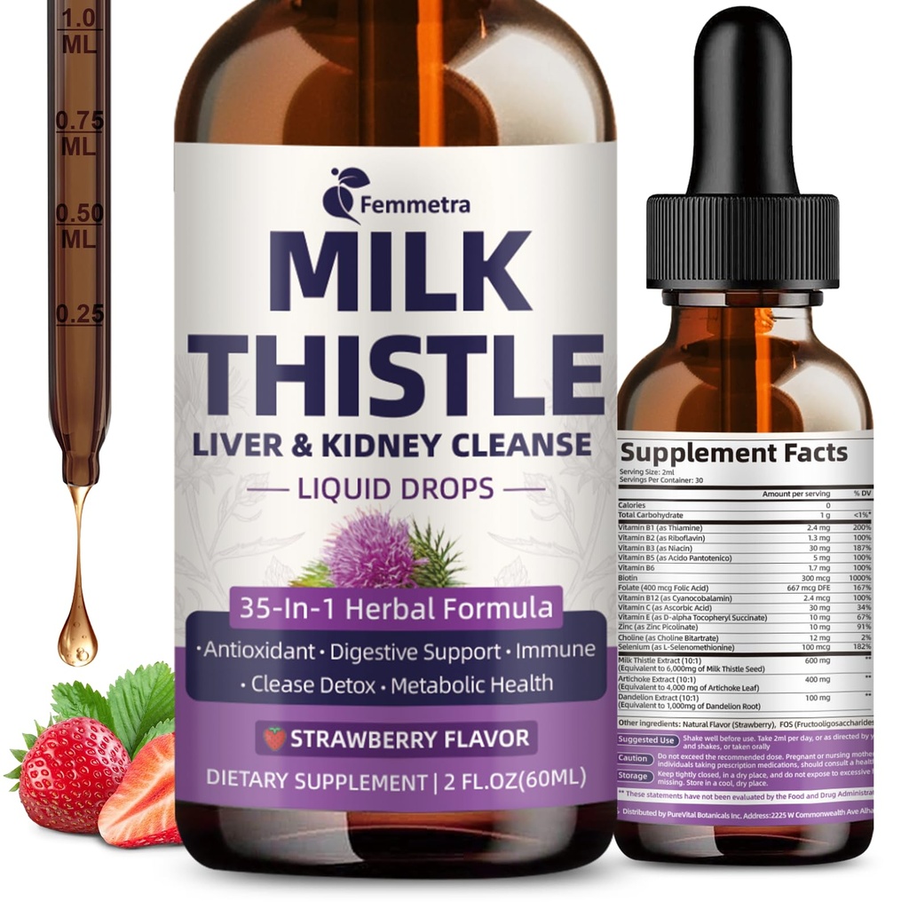 Piimaohaka ekstrakt Vedelad tilgad Maksa puhastamiseks Detox & Remont, 35-IN-1 Neeru tugilisa koos artišoki ja Dandelion kuseteede, põie, Vegan, Non-GMO, maasikamaitse, 2 FL OZ