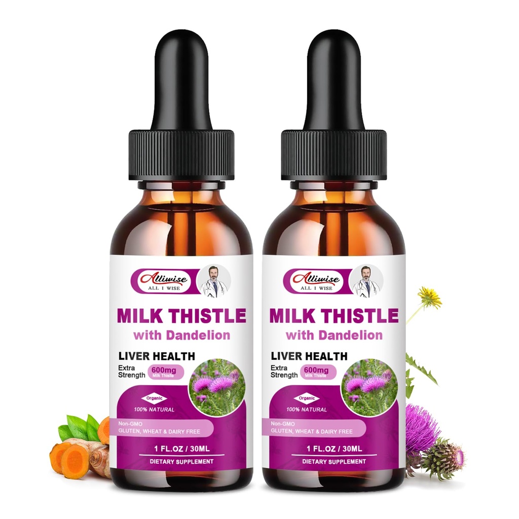 Maksatervisetoetus Vedelik 2 Pack,600mg Piimaohakas 80% Silymariini ekstrakt & 250mg Dandelion Juurekstrakt, Maksapuhastus Detox & Remont Rasvane Maksavormel, Vegan, Non-GMO ja AllNatural