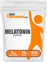 BulkSupplements.com Melatoniini pulber - puhas melatoniin, täiskasvanute uneabi - vegan ja gluteenivaba, 3 mg serveerimise kohta, 25 g (0,88 oz) (pakk 1)