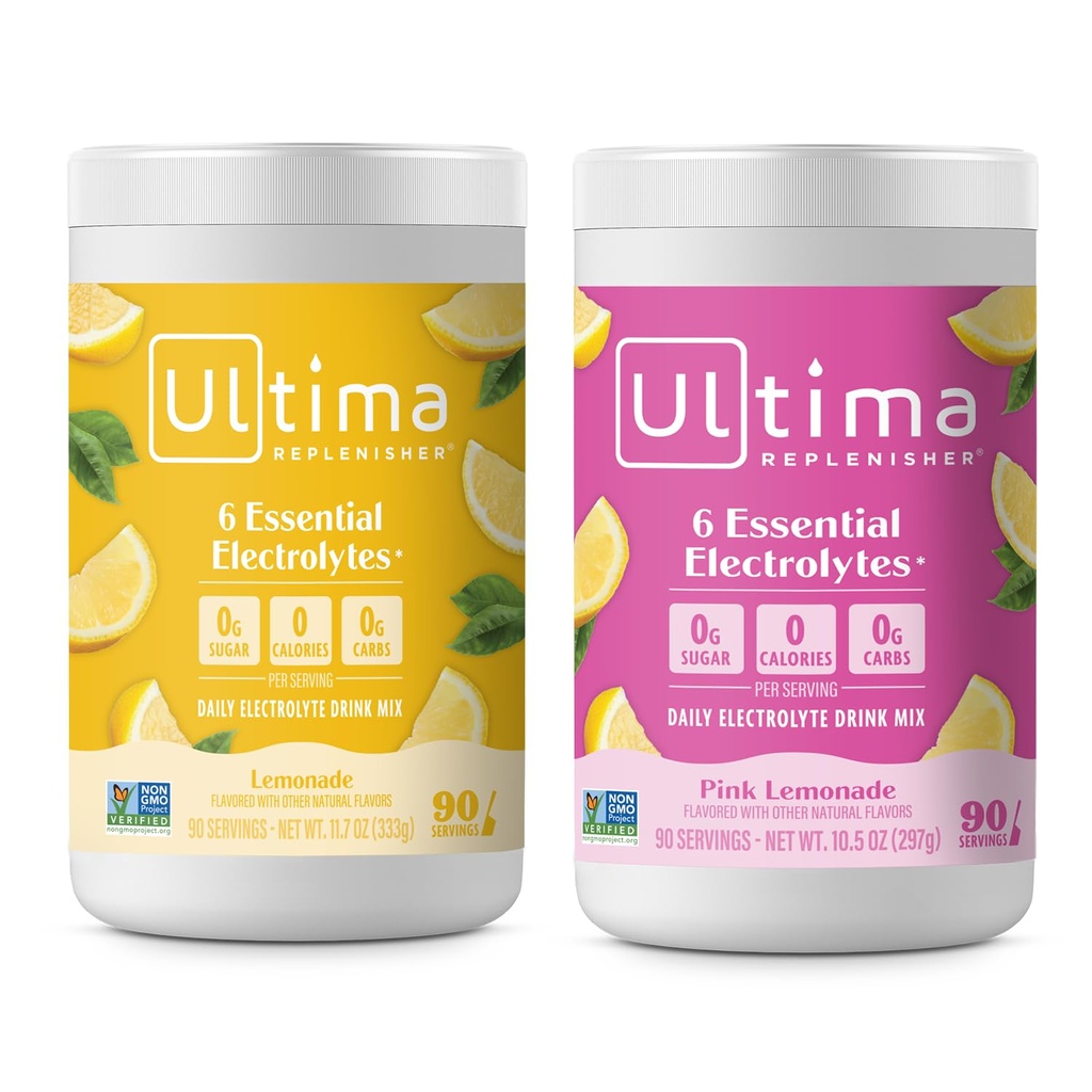 Ultima Replenisher Electrolyte Powder Drink Mix Bundle – Suhkruvaba – Limonaad ja Roosa Limonaad, 90 Servings – Hüdratsioonipulber – 6 Võtmeelektrolüüti ja jälgede mineraalid – Keto Sõbralik, Mitte-GMO