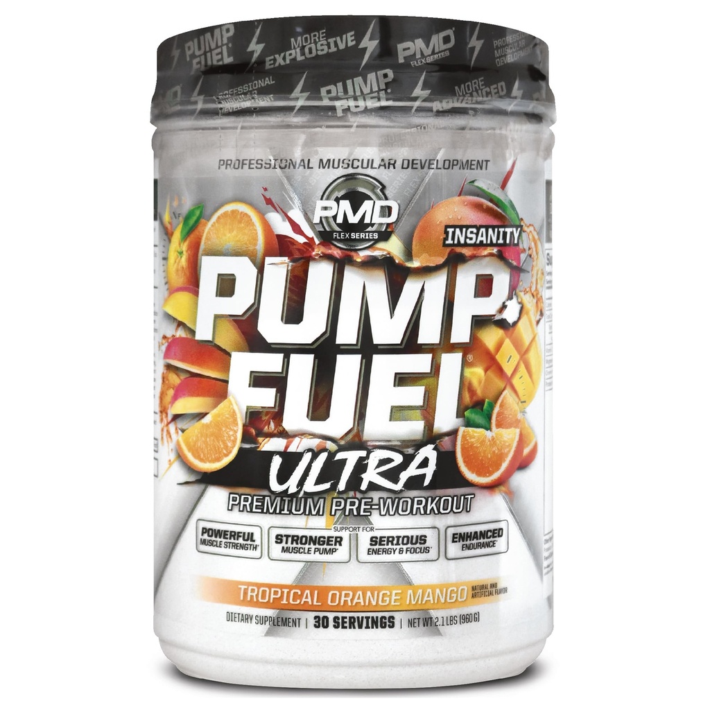 PMD Sport Pump Fuel Ultra Insanity - Premium Pre Workout Powder & Lihaspump, Greater Focus, Kestvus & Taastamine, Premium Kreatiin, Arginine & Beeta Alanine, Tropical Orange Mango (30 Servings)