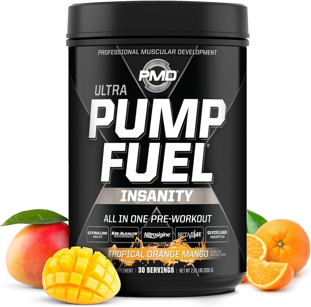 PMD Sport Pump Fuel Ultra Insanity - Premium Pre Workout Powder & Lihaspump, Greater Focus, Kestvus & Taastamine, Premium Kreatiin, Arginine & Beeta Alanine, Tropical Orange Mango (30 Servings)