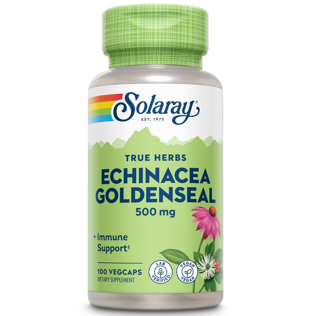 SOLARAY Echinacea Goldenseal - kahe taimse toidulisandi võimas segu heaolu toetamiseks - 250mg Ea Echinacea juur ja kuldse juur - Non GMO, vegan, gluteenivaba, 60-päevane garantii, 100 serveerimist