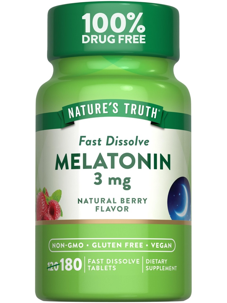 Looduse tõde Melatoniin 3mg Kiiresti lahustuvad tabletid | 180 Count | Natural Berry Flavor | Vegan, Non-GMO & Gluten Free Supplement