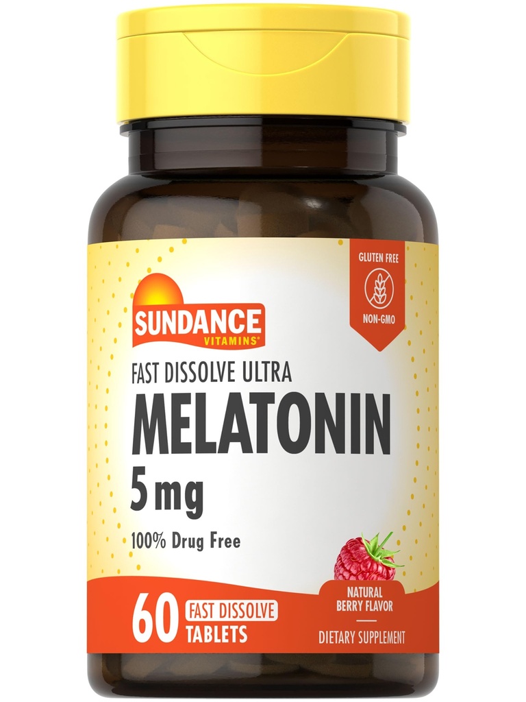 Sundance Melatoniin 5mg Kiire lahustuv tabletid | 60 Count | Natural Berry Flavor | Taimetoitlane, mitte-GMO ja gluteenivaba toidulisand