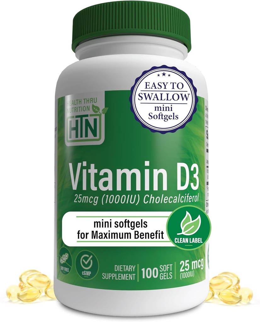 Tervis Thru Toitumine Vitamiin D3 1000iu 100 Mini Softgels maksimaalse kasu | 25mcg Kolekaltsiferool | 3. osapoole testitud | Mitte-GMO USP Grade in Organic EVOO | Immun Health Support