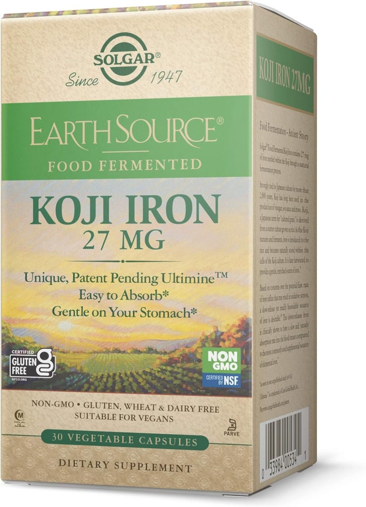 Solgar Earth Source Food Fermented Koji Raud 27mg, 30 köögiviljakapslid - kõrgem imendumine, aeglaselt vabastav raud - õrn kõhul - mitte-GMO, vegan, gluteenivaba, piimavaba, Kosher - 30 serveerimist