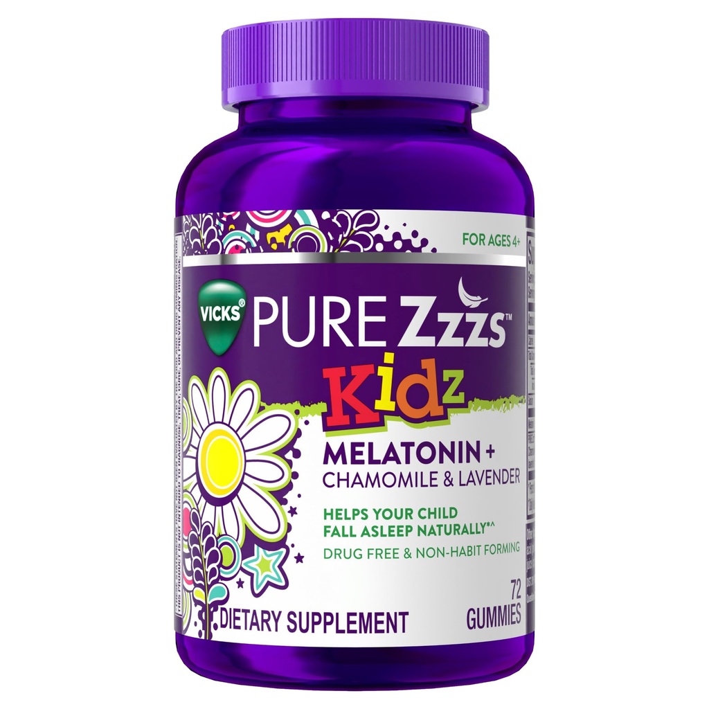 PURE Zzzs Kidz, Kids Melatoniin Gummy, Sleep Aid, väike kogus melatoniini lastele, kummeli ja lavendli, melatoniin 1 mg, melatoniin Gummies Kids, Berry Maitsestatud, 72 Sleep Gummies