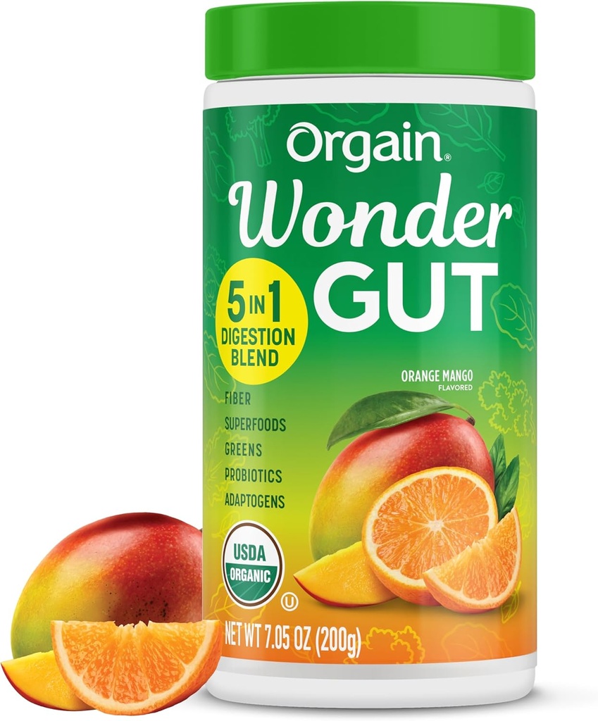 Orgain Organic Wonder Gut Fiber Supplement Pulber, 5 in 1 segu 1 miljardi probiootikumid, rohelised, C-vitamiin, Adaptogeenid soolestiku tervise ja immuunsuse toetamiseks, Non-GMO, Orange Mango, 7,05 oz