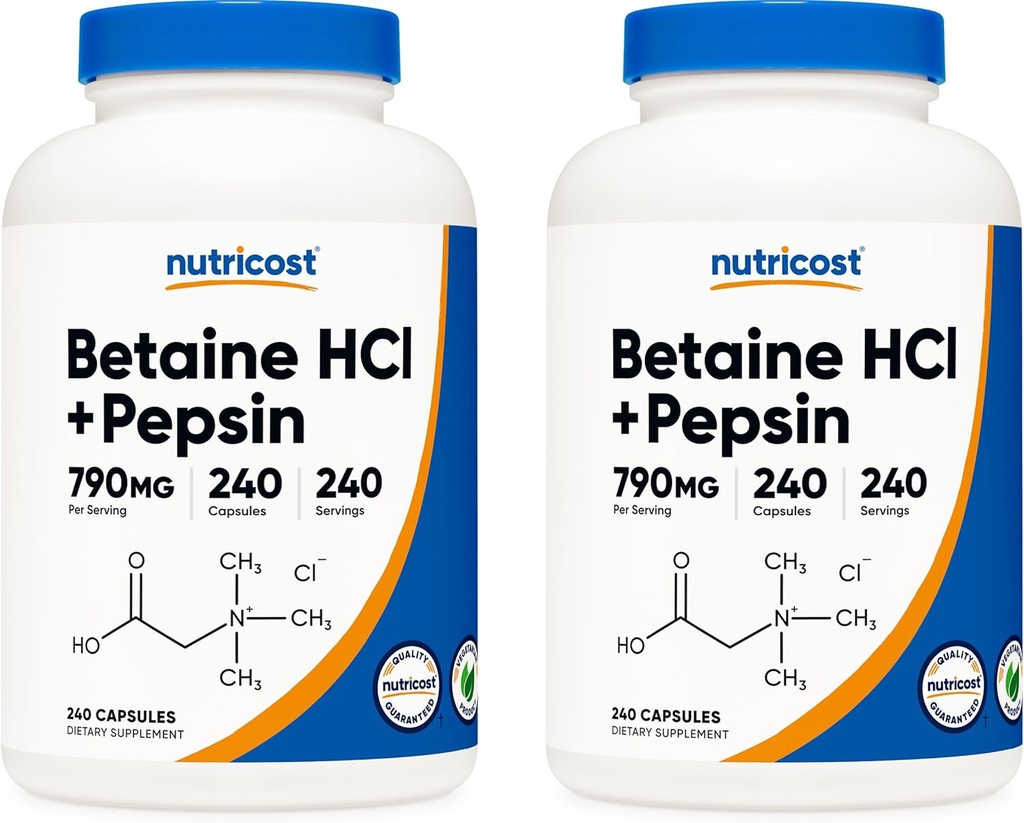 Nutricost Betaine HCl + Pepsin 790mg, 240 Capsules, 2 Bottles (480 Capsules)