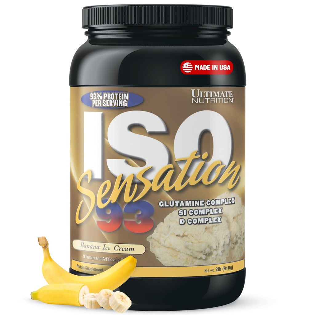 Ultimate Nutrition vadakuvalk Isolaatpulber glutamiinikompleksiga, ISO Sensation 93 - vadakuvalgu pulber koos lisatud ternespiimaga tõhustatud taastumiseks, immuunsuseks ja soolestiku terviseks - banaan, 2 lbs