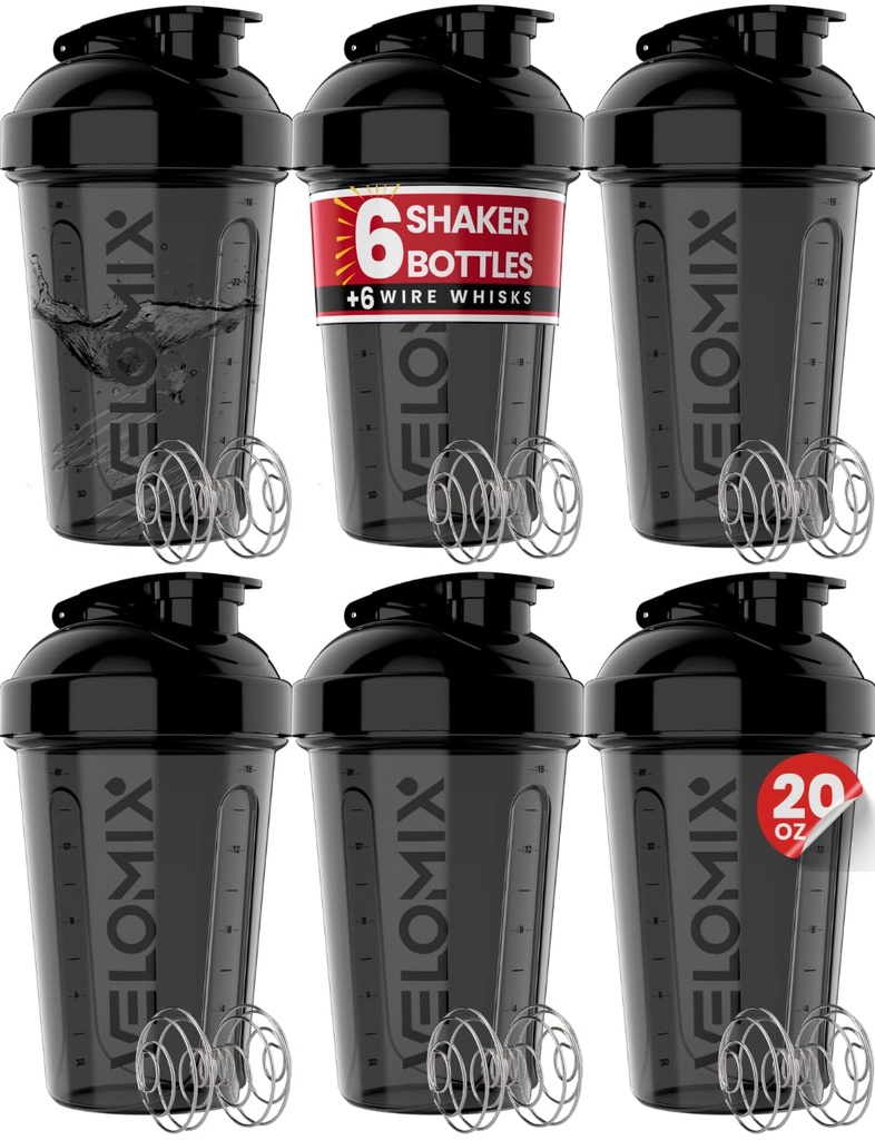 VELOMIX - 6 PAKK- Shaker Cup for Protein Shakes 20 oz - 6x Wire Whisk | Leak Proof Protein Shaker Bottle for Protein Shakes, Shaker Bottle Pack for Pre & Post Treening, Shaker Cup (ALL IN BLACK)