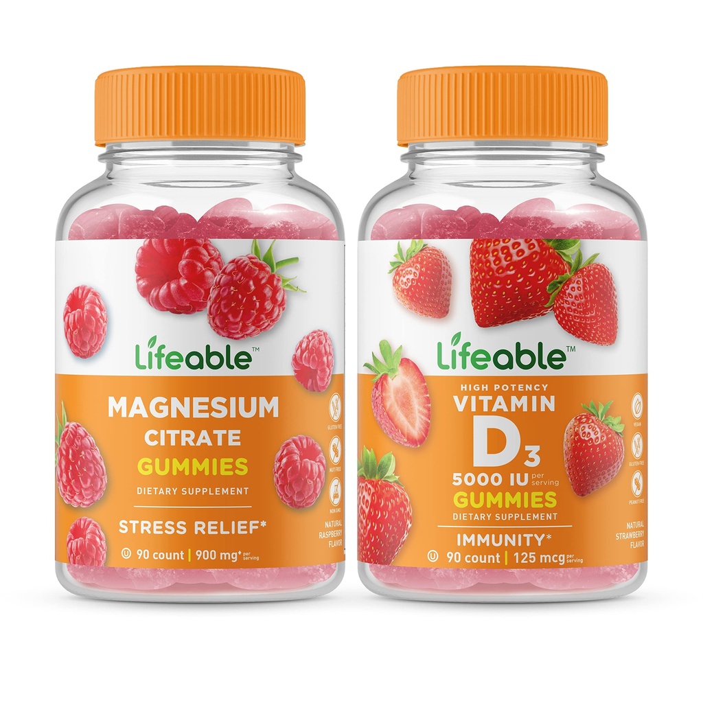 Elujõuline magneesium + D-vitamiin 5000 RÜ, Gummies Bundle - suurepärane maitse, vitamiinilisand, Gluteenivaba, GMO-vaba, närimiskumm