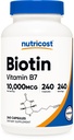 Nutrikost Biotiin (vitamiin B7) 10 000 mg (10 mg) vitamiinilisand, 240 kapslit - taimetoitlane, gluteenivaba, kiire vabanemine, mitte-GMO
