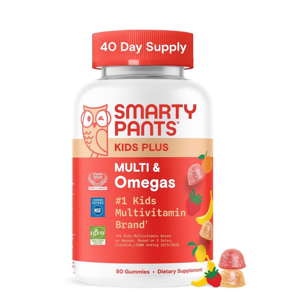 SmartyPants Kids Multivitamiin Gummies, Omega 3 (DHA/EPA), vitamiinid D3, C, B12, B6, A-vitamiin, K & tsink, Gluteenivaba, kolm puuviljamaitset, 80 loend (40 päeva pakkumine)