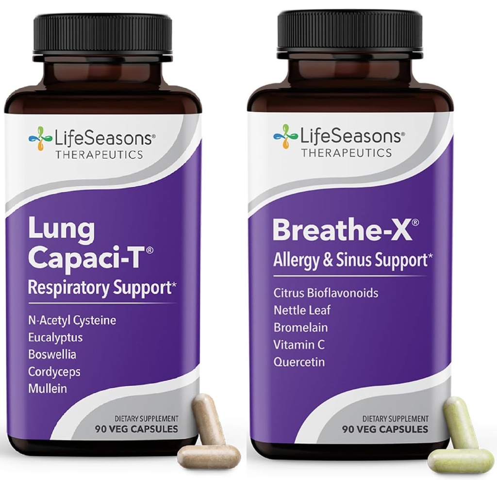 LifeSeasons Breathe-X koos Lung Capaci-T-ga - allergia ja hingamisteede tugi - kiire toime siinuse leevendamine - suurendab hapniku mahtu ja vähendab lima - 180 kapslit