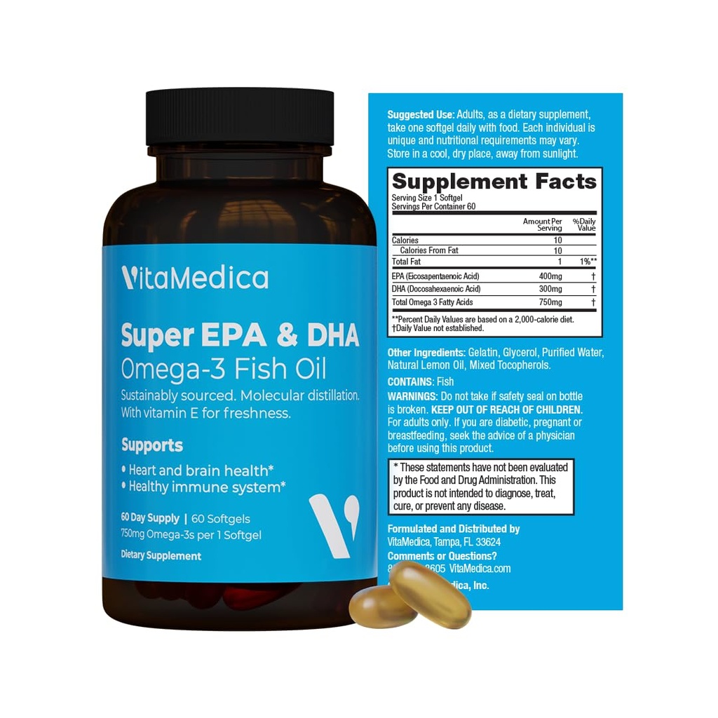 High-Potency, Super EPA / DHA kalaõli 750mg olulisi Omega-3 rasvhappeid | EPA & DHA | Südame tervis, aju tervis, immuunsüsteemi tervis
