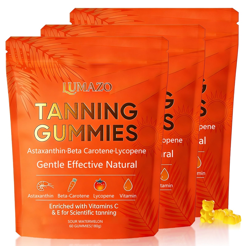 Skin Tanning Gummies, with Astaxanthin, Beta-Carotene, Lycopene & Vitamins, Radiant Healthy Skin, for a Natural, Golden Tan from Within, No Sun Required, 60 Count (3pcs)