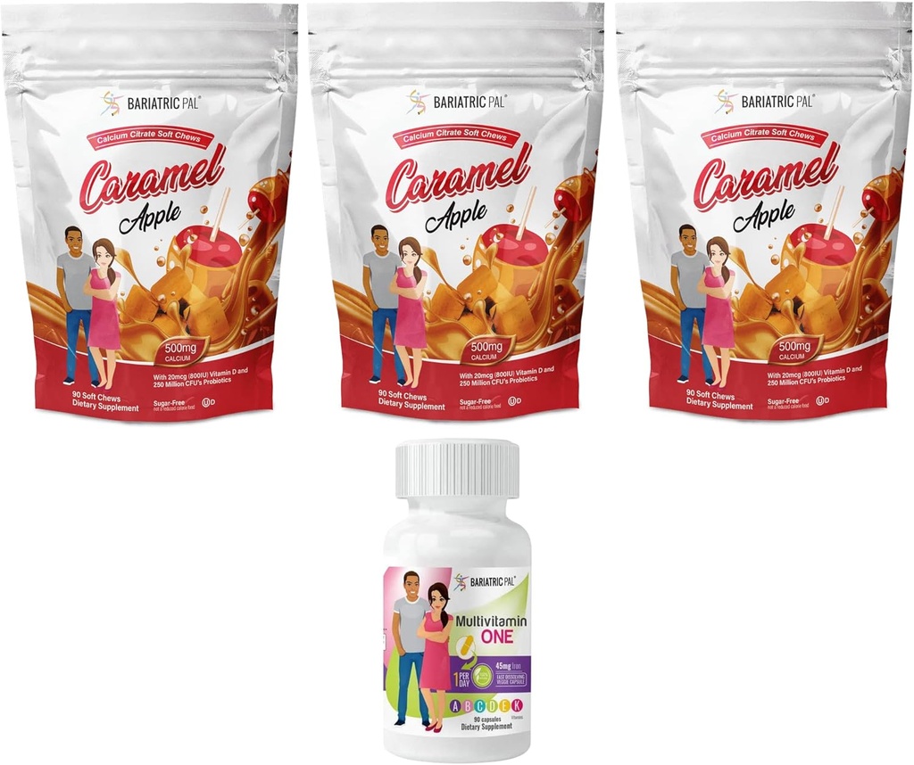 BariatricPal 90-päevane Bariatric Vitamiin Bund (Multivitamin One 1 päevas) Kapsel 45mg Raud ja kaltsiumtsitraat Pehmed Chews 500mg probiootikumid - Caramel Apple