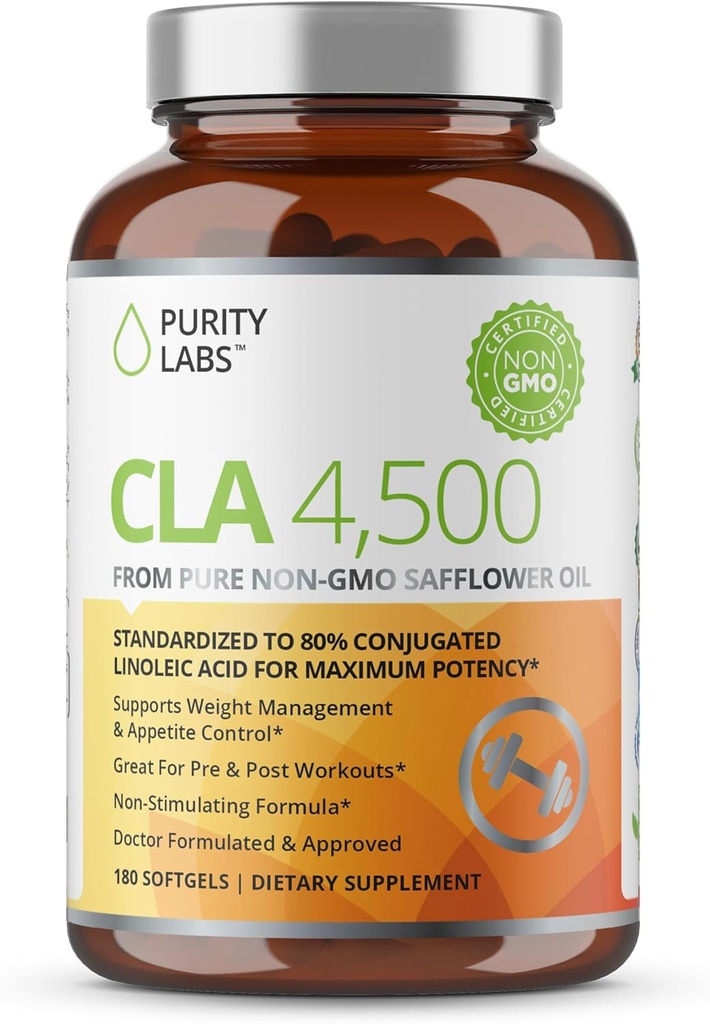 Puhtus Labs CLA täiendused 4500MG - mitte-GMO saflooriõli - toetab energiat, kehakaalu langust, südame tervist ja lihaste tervist - 180 Pehme geel