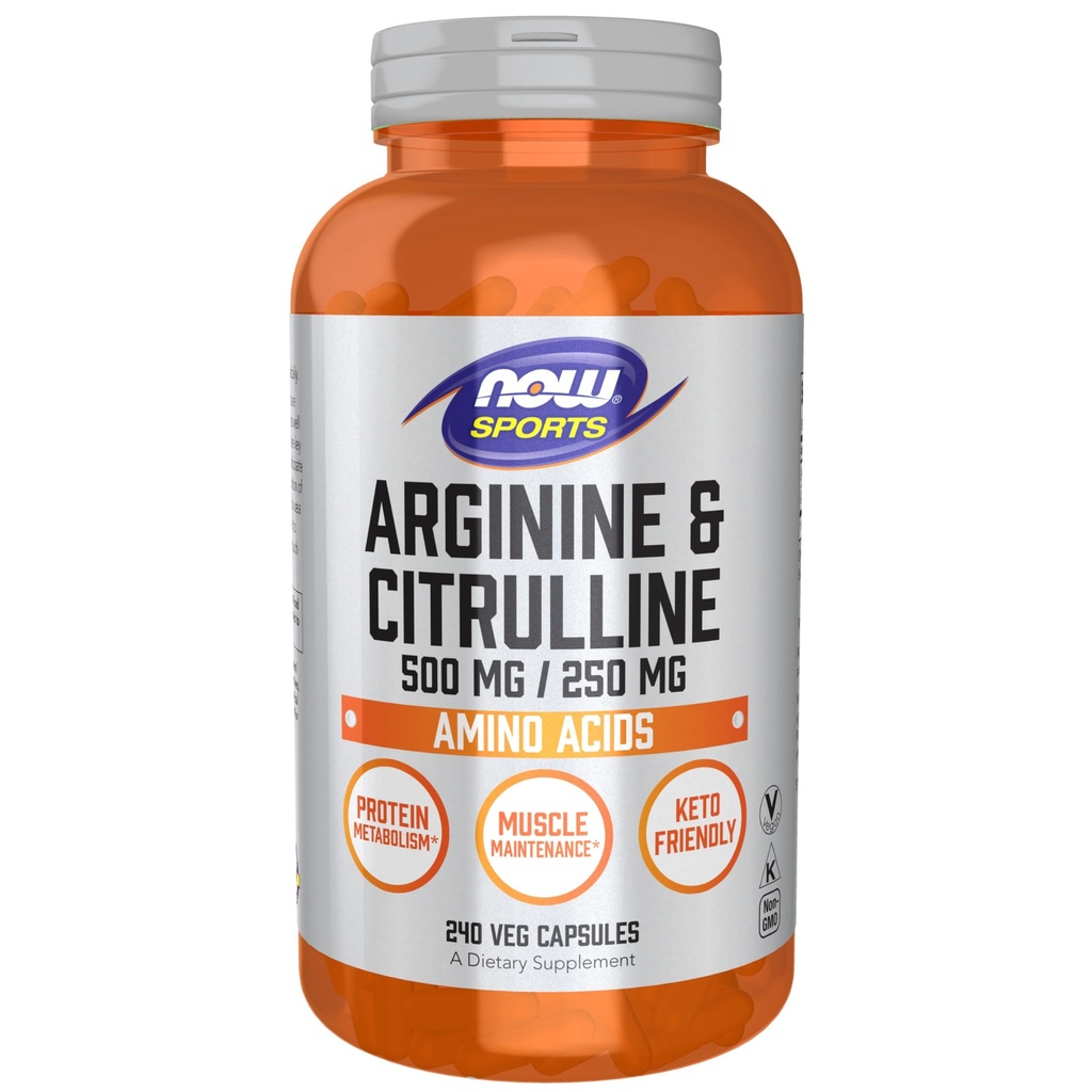 NOW Sports Nutrition , Arginine & Citrulline 500 mg/ 250 mg , Aminohapped , 240 Veg kapslit